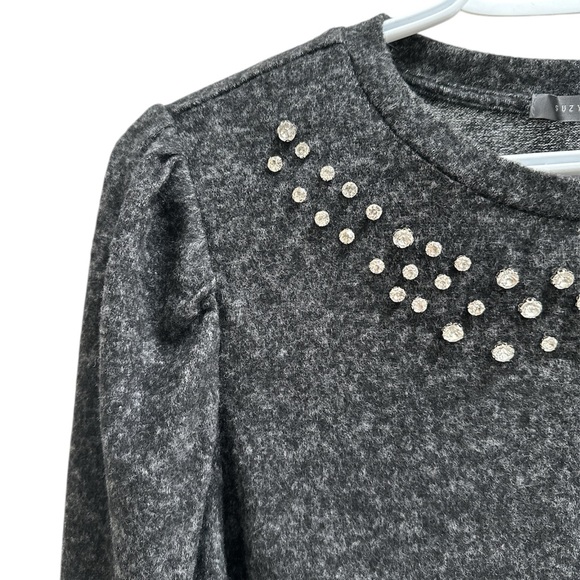 Suzy Shier Black Grey Crew Neck Embellished Long Sleeve Sweatshirt Size Medium - Picture 4 of 5